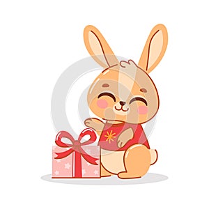 Cute cartoon rabbit or hare. A rabbit with a gift in his hands.