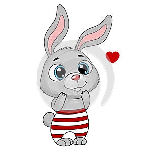 Cute cartoon rabbit with a heart. Easter bunny in striped pants. Greeting card, vector illustration