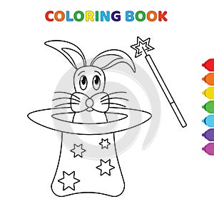 Cute cartoon rabbit in a magician hat and magic tool coloring book for kids. black and white vector illustration for coloring book