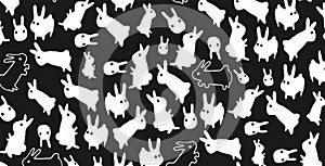 Cute cartoon rabbit pattern hite bunny repeating texture on black background