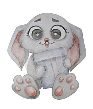 Cute cartoon rabbit sits with a gift in its paws. Watercolor, hand drawing. Isolated over white background. Cute baby