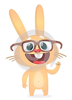 Cute cartoon rabbit wearing eyesglasses waving hand. Vector illustration of smart and silly bunny.