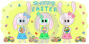 Cute cartoon rabbits with easter egs photo