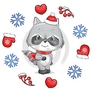 Cute cartoon raccoon with a red scarf and hat in a winter frame.