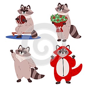 Cute cartoon raccoon set