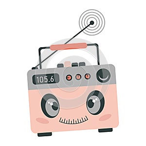 Cute cartoon radio in retro style, pink with antenna and carrying handle. Vector illustration in flat style, kawaii.