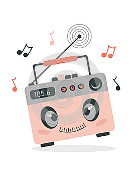 Cute cartoon radio smiling surrounded by music notes, in retro style, pink with antenna and carrying handle. Vector