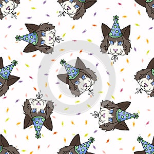 Cute cartoon Ragdoll cat with party hat seamless vector pattern. Pedigree kitty breed domestic kitten background. Cat