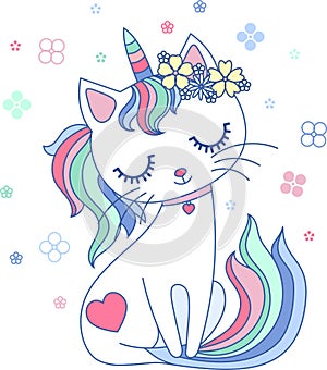 Cute, cartoon, rainbow cat unicorn. Vector