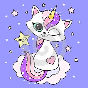 Cute cartoon rainbow cat unicorn. Vector