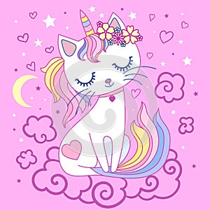 Cute, cartoon, rainbow cat unicorn on a pink background. Vector