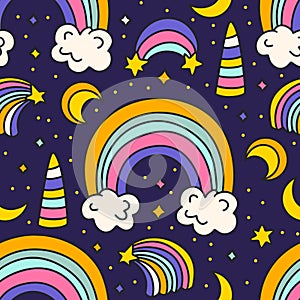 Cute Cartoon Rainbow Clouds and Moon Seamless Pattern. Starry Rainbow Sky. Kids Birthday And Baby Shower Vector