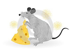Cute cartoon rat with cheese. Vector watercolor illustration of mouse