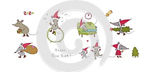 Cute cartoon rats. greeting card. Chinese Zodiac Sign Year of Rat. New Year 2020. Animal cartoon character set. Funny