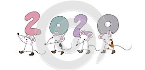 Cute cartoon rats. greeting card. Chinese Zodiac Sign Year of Rat. New Year 2020. Animal cartoon character set. Funny
