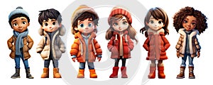 Cute Cartoon Realistic Happy Children Dressed in Winter Clothes Characters Set