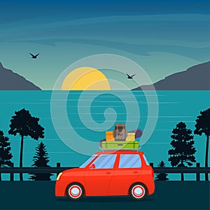 Cute cartoon red car with surfboard and suitcases on road with sea, sun and mountains behind. Family trip by car. Vector flat illu