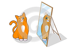 A cute cartoon red cat, kitty is sitting straight and looks at its reflection in the mirror. Vector isolated