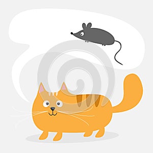 Cute cartoon red cat and talk think bubble with mouse. Card. Kids background Flat design
