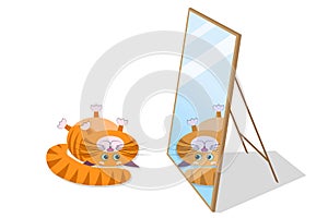 A cute cartoon red fat cat, kitty lies on its back and looks at its reflection in the mirror. Vector isolated