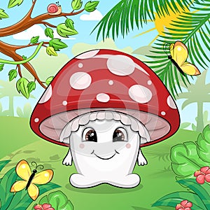 Cute cartoon red mushroom in the forest.