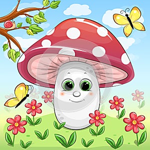 Cute cartoon red mushroom in nature.