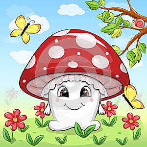 Cute cartoon red mushroom in nature.