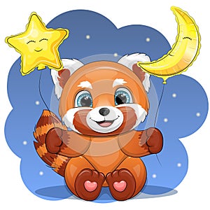 Cute cartoon red panda with star and moon balloons.