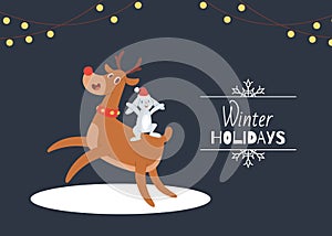 Cute cartoon reindeer with antlers and rabbit in santa hat vector illustration. Winter holidays and merry christmas card