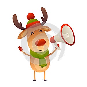Cute cartoon reindeer with megaphone on white background