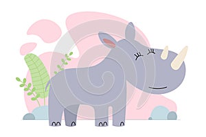 Cute cartoon rhinoceros. Drawing african baby wild rhino. Kind smiling jungle safari animal. Vector creative graphic