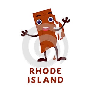 Cute cartoon Rhode Island state character clipart. Illustrated map of state of Rhode Island of USA with state name. Funny