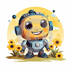 Cute cartoon robot with headphones and yellow flowers. Vector illustration