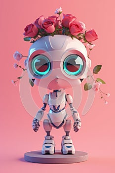 Cute Cartoon Robot With Very Big Eyes Holding A Pot Of Colorful Rose Flowers A Pink Background. Generative AI