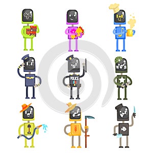 Cute cartoon robots in various professions with professional equipment set of colorful characters vector Illustrations