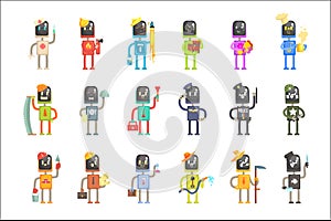 Cute cartoon robots in various professions set of colorful characters vector Illustrations