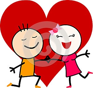 A cute cartoon romantic couple in love with a big heart.