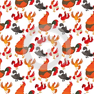 Cute cartoon rooster vector illustration chicken farm animal agriculture domestic character seamless pattern background