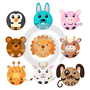 Cute cartoon round animals face, vector zoo sticker isolated on white background