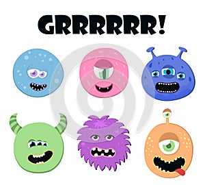 Cute cartoon round monsters set. Collection of monster face for any design, card, poster, invitation. Vector