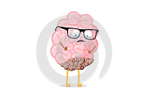 Cute cartoon sad human brain with cancer tumor. Sick suffering central nervous system organ. Vector pain character photo