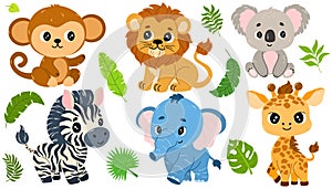 Cute cartoon Safary animals. Lion, zebra, koala, elephant, giraffe, monkey.