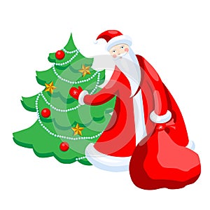 Cute cartoon Santa Claus decorating Christmas tree Merry Christmas vector illustration