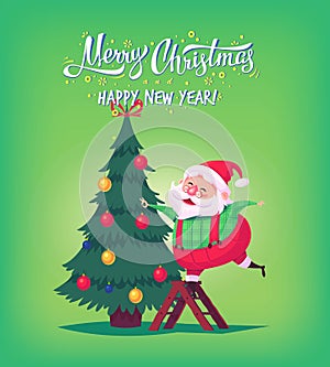 Cute cartoon Santa Claus decorating Christmas tree Merry Christmas vector illustration Greeting card poster