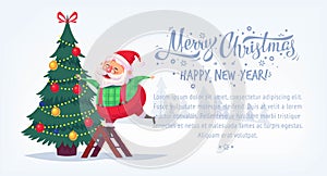 Cute cartoon Santa Claus decorating Christmas tree Merry Christmas vector illustration Greeting card poster horizontal