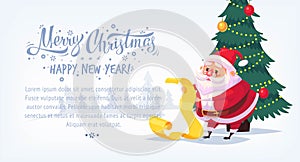 Cute cartoon Santa Claus reading gift list Merry Christmas vector illustration Greeting card poster horizontal banner.