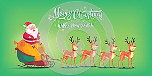 Cute cartoon Santa Claus riding reindeer sleigh Merry Christmas vector illustration Greeting card poster horizontal