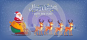 Cute cartoon Santa Claus riding reindeer sleigh Merry Christmas vector illustration Greeting card poster horizontal