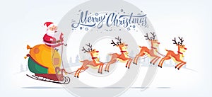 Cute cartoon Santa Claus riding reindeer sleigh Merry Christmas vector illustration Greeting card poster horizontal