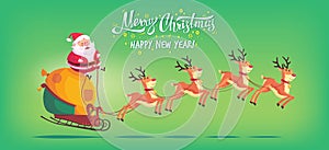 Cute cartoon Santa Claus riding reindeer sleigh Merry Christmas vector illustration Greeting card poster horizontal